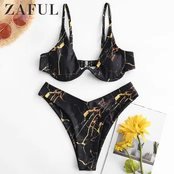 

ZAFUL Marble Print Underwire High Leg Bikini Swimsuit Push Up Bikini Push Up Bikini Sets Sexy High Cut Swimwear Summer Beach