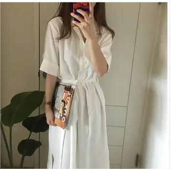 

2020 Summer Women Solid White Khaki Fashion Elegant White Maxi Shirt Long Dress Female Vestido