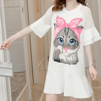 

Cute Cartoon Cat Print Dress Women Sleeveless Short Mini Club Party Dresses Robe Vintage Summer Boho Style Beach 2020