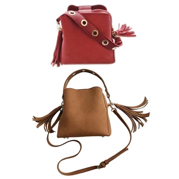 

2 Pcs Women Bucket Bag Vintage Tassel Messenger Bag Retro Shoulder Bag Simple Crossbody Bag Tote(Brown & Red)