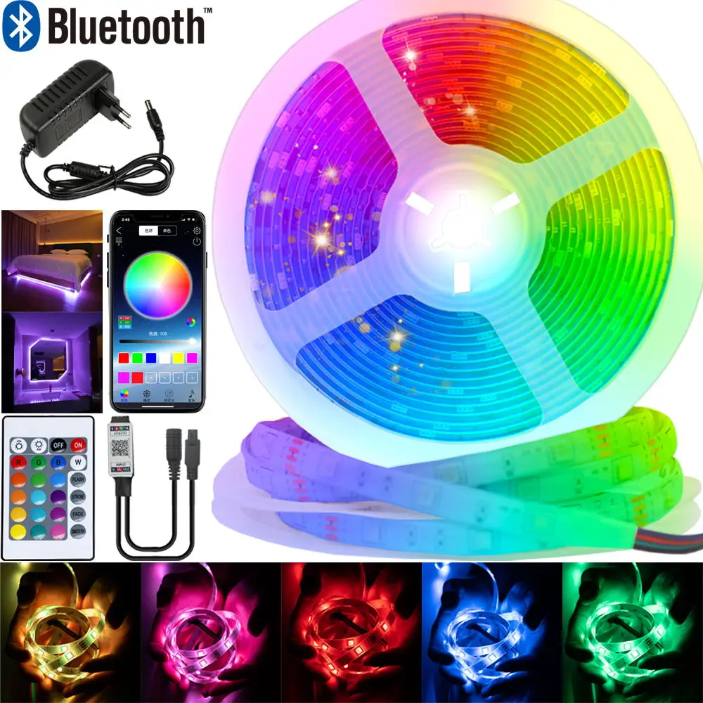 Tiras de luces LED con Bluetooth, Luz Led RGB SMD 5050 2835, Flexible, resistente al agua, diodo de cinta, 5M, 10M, 15M, 20M, DC12V, mando a distancia + adaptador