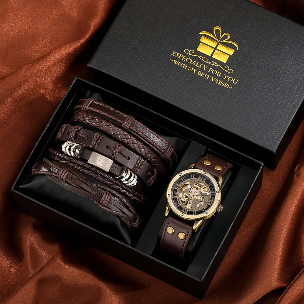 Conjunto de reloj automático para hombre, pulsera de reloj mecánico de cuerda automática, caja de regalo, de lujo, Punk Gear