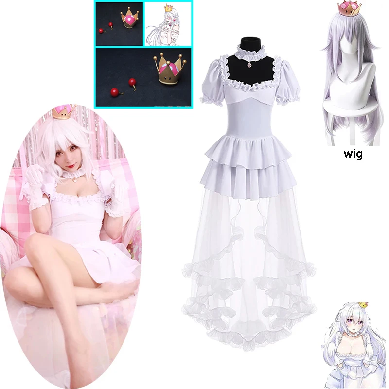 

Boosette Cosplay Costume Princess Koopa White Costume Long Dresses Crown Wig Ball Gown Retro Medieval Dress For Women Halloween