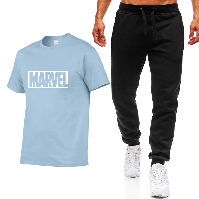 Новая модная летняя футболка с принтом Marvel, мужская повседневная хлопковая футболка в стиле хип-хоп с коротким рукавом высокого качества+ штаны, костюм, одежда