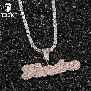 

TBTK Personalized Name Necklace Cursive Letter Iced Out White Pink Cubic Zirconia Custom Pendant Women Fashion Hiphop Jewelry