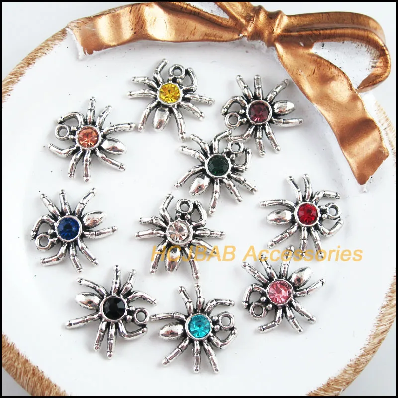 

20 New Spider Charms Tibetan Silver Tone Retro Mixed Crystal Pendants 17x19mm