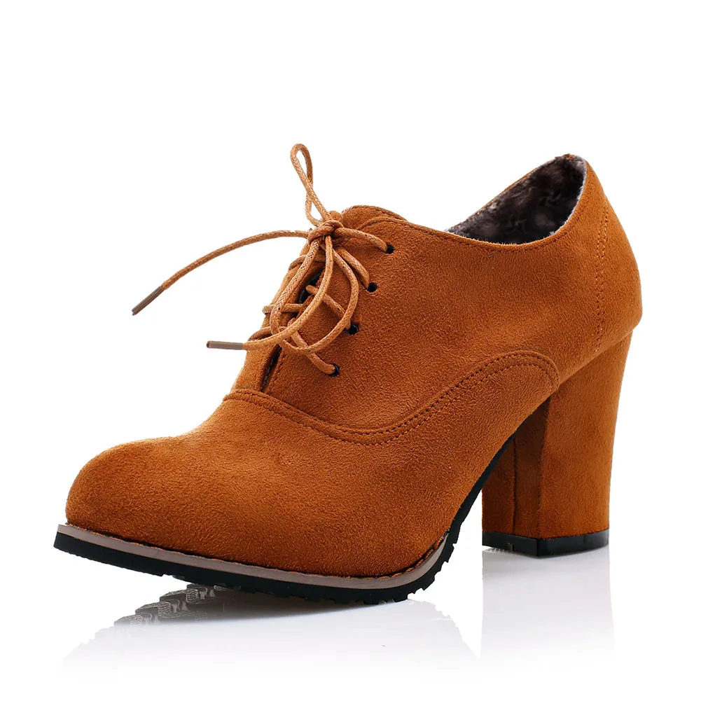 Sarairis Large Size 31-48 Autumn Fashion Ladies High Heels Shoelaces Shoes Woman Casual Office Lady Pumps Women Booties - Цвет: brown no fur