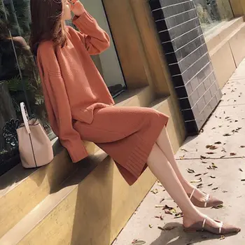 

Knitted Sweater Set Two-Piece Female Round Neck Thin Section Long Sleeve Slim Mini Skirt Winter New Comfortable Breathable
