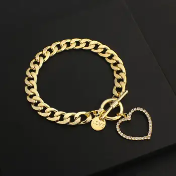 

FLASHBUY New Design Rhinestone Heart Cuba Chain Bracelets for Women Personality Thick Metal Statement Bracelet Valentine's Day G