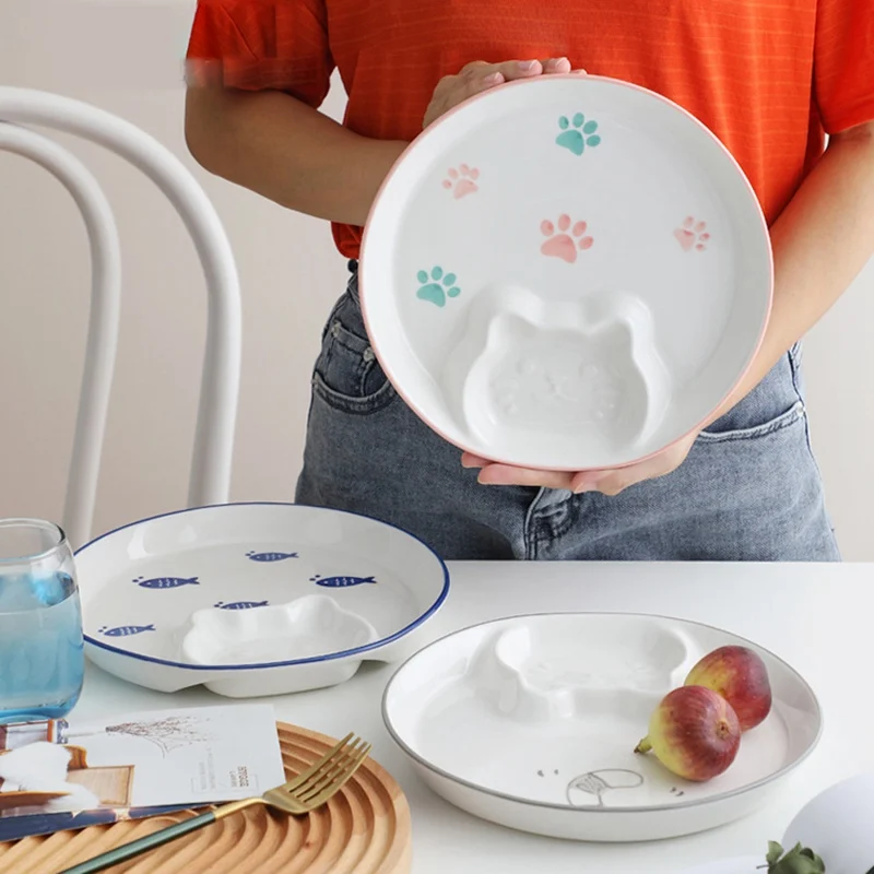 Plato de cerámica creativo para el hogar, plato de comida para niños con Gato bonito, con plato de goteo, plato de desayuno, utensilios de restaurante|Fuentes y platos| - AliExpress - Platos increíbles para tu mesa