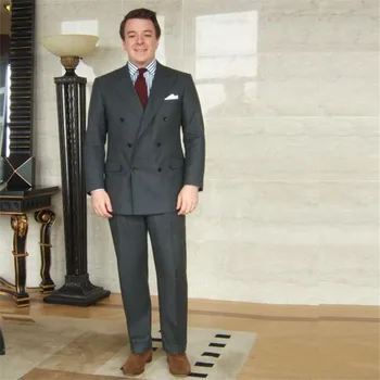 

New Arrival Dark Gray Double Breasted Mens Suit Peaked Lapel 2 Piece Groom Tuxedos Custom Business Office Wear (Jacket+Pant)