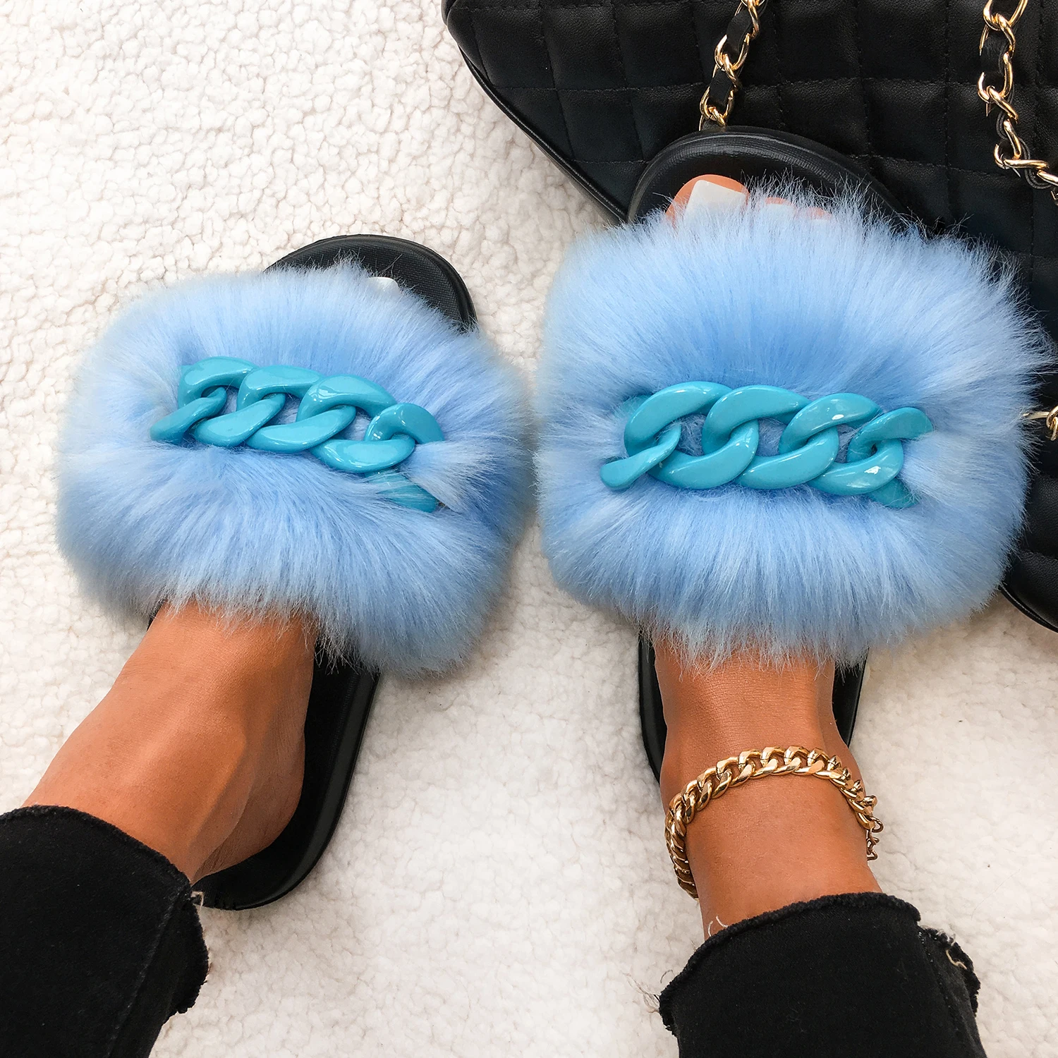 Faux Furry Fur Slippers Cute Female Fur slides Fluffy Flip Flops