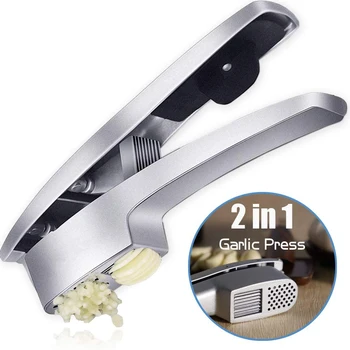 Dual Function Garlic Mincer & Slicer - Heavy Duty Easy Squeeze Garlic Crusher with Cleaning Brush & Silicone Garlic Tube Peeler 1