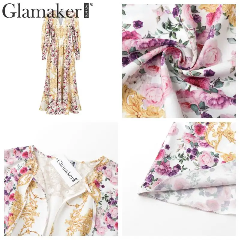 Glamaker/элегантное платье в стиле пэтчворк с розами и длинными рукавами-фонариками; винтажное праздничное платье в стиле бохо; вечерние Клубные платья с высокой талией; vestido