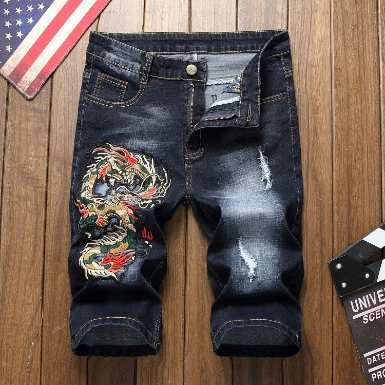 

summer Style men Shorts jeans luxury Men denim trousers zipper Dragon pattern hole Straight Shorts jeans for men blue and black