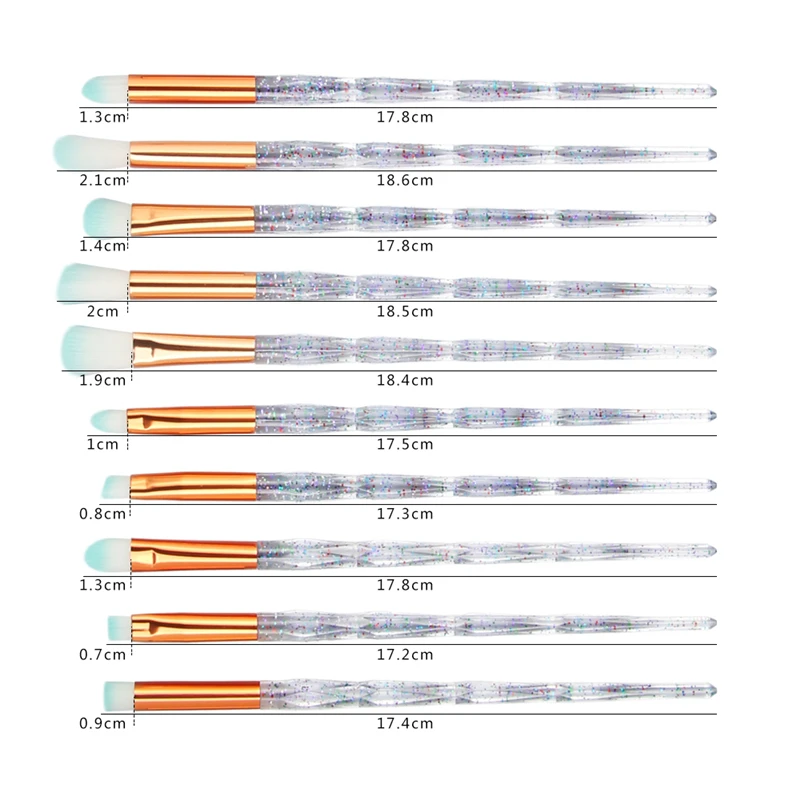 10 шт. набор кистей для макияжа с блестящими сверкающими стразами пудра Кисть для растушевки теней для век подводка для глаз Кисть для румян кисть для консилера макияж кисть, косметические инструменты
