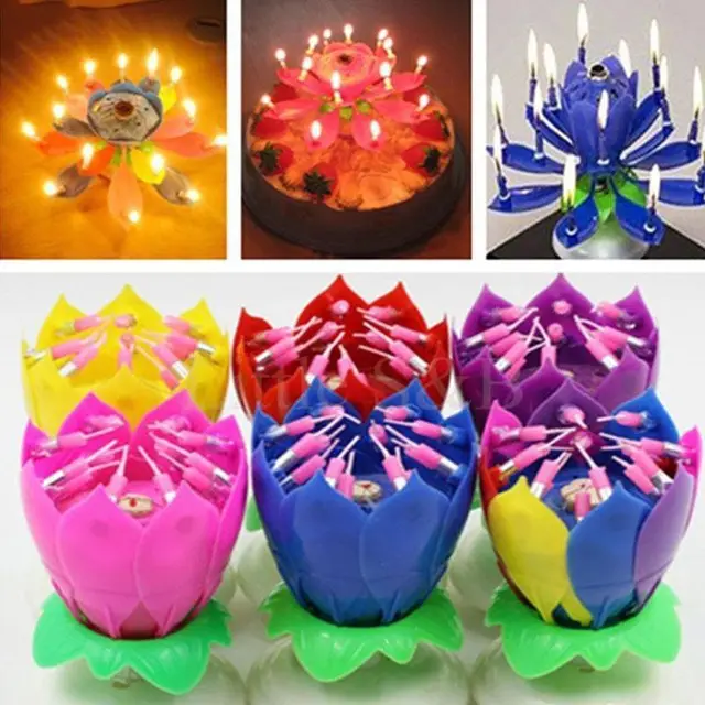 Innovative Party Cake Candle Musical Rotating Lotus Flower Candle Light Happy Birthday DIY Cake Decoration Wedding Party Gifts 3