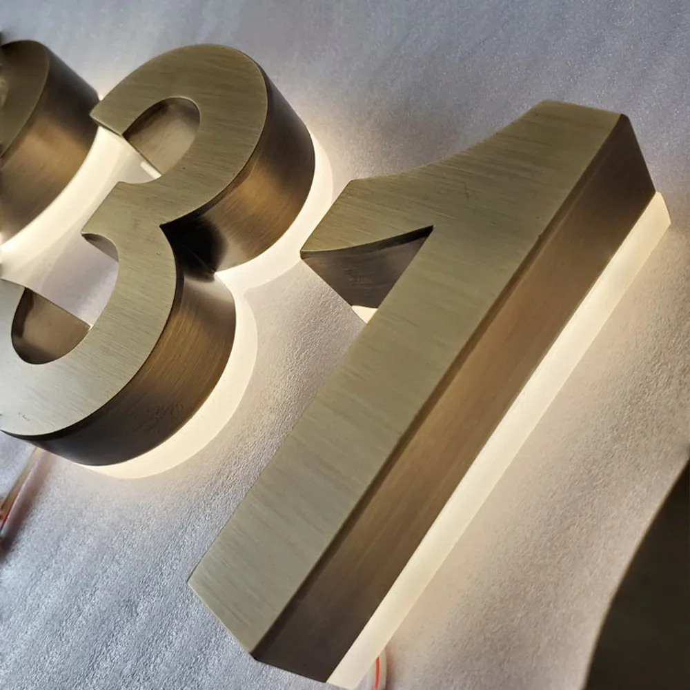 

Wholesale silver brushed reverse-lit painted stainless steel led channel letter number with white acrylic back warm light