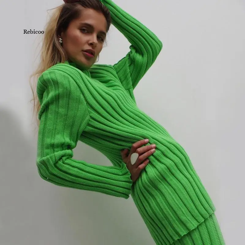 

Женский трикотажный комплект из пуловера, повседневный Зимний Длинный Облегающий свитер, джемпер в полоску с длинным рукавом, костюм из трикотажных брюк в рубчик