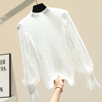 

Lantern Sleeve Sweater Woman Spring Autumn Sweater Outwear Women's New Chiffon Sleeve Sweater Blusa Femme Nancylim White Black