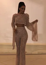 

Hot Sell Sequin Two Pieces Prom Dresses Sheath Long Sleeves Plus Size Formal Party Evening Gowns Custom Made Pants Suits