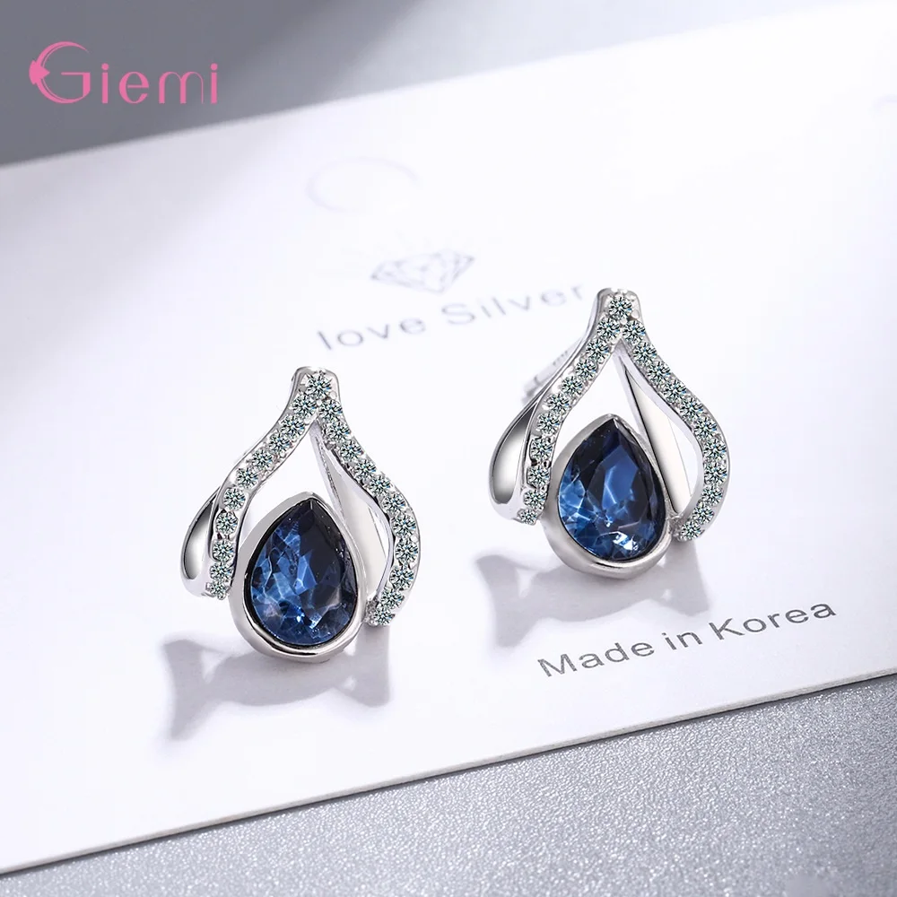 

925 Sterling Silver Cute Heart Teardrop Korean Style Statement Stud Earrings For Women Girls CZ Crystal Fashion Jewelry