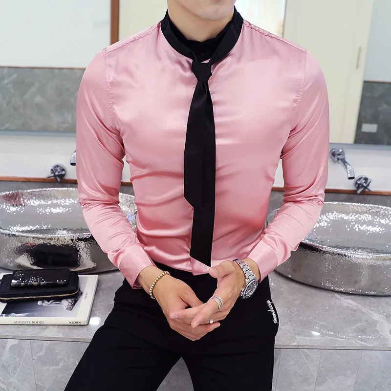 New Fashion White Dress Shirts Men Tie Long Sleeve Casual Formal Shirt Man Slim Fit Wedding 4
