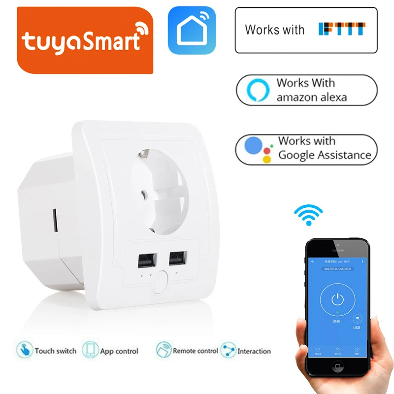 Стандарт ЕС Smart Plug Wifi розетка для стены Tuya Smart Life APP control, Alexa, Google home, Google Nest, IFTTT, голосовое управление