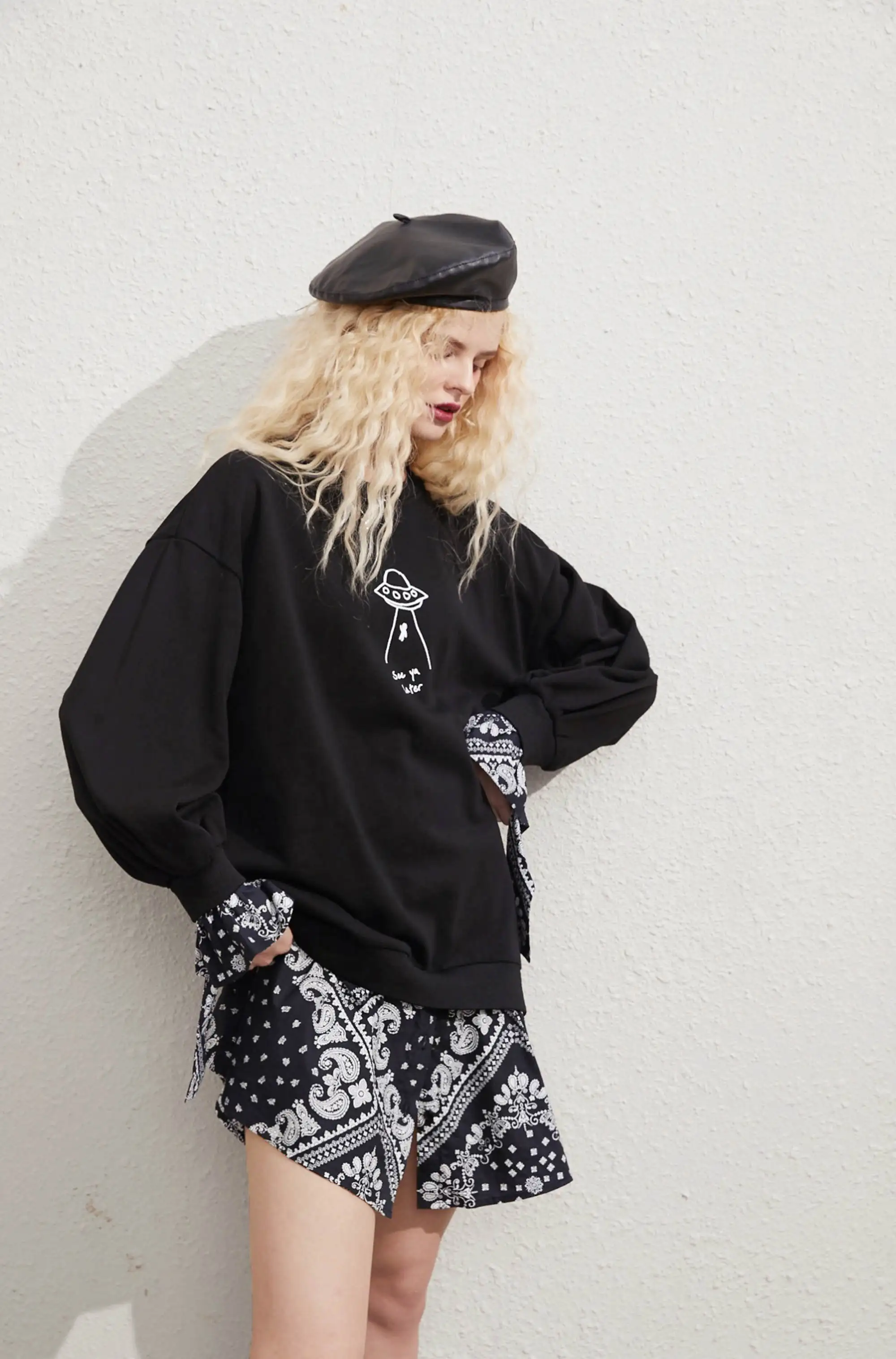 ELFSACK Black Graphic Print Casual Mini Dress Women,2020 Autumn ELF Vintage Full Sleeve Patchwork ,Korean Ladies Daily Dresses
