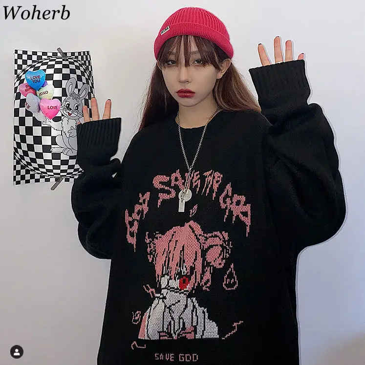 Woherb-suéter negro de punto para mujer, Jersey Harajuku de punto con dibujos animados para chica, Jersey Ulzzang coreano 2021