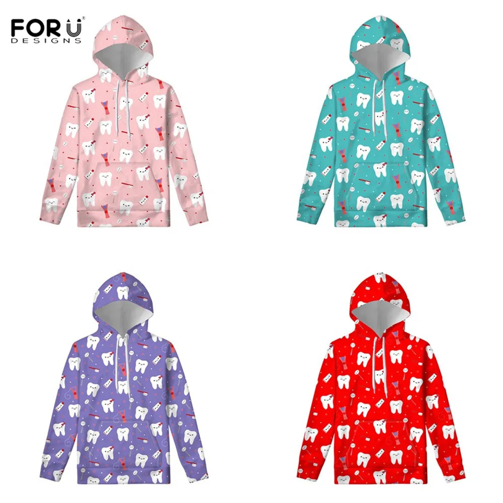 

FORUDESIGNS Women Hoodies Sweatshirt Pullover Cute Cartoon Teeth Pattern Print Hooded Female Cloth Hat Ladies Casual Sweatshirt