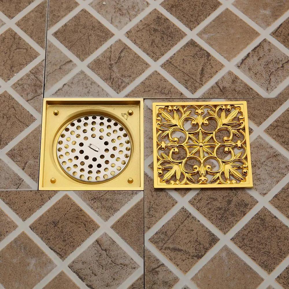 Torayvino Bathroom Golden Polished Basin Bathtub Floor Drains Filter Sink Strainer Waste Square 10*10 cm Bathroom Accessories