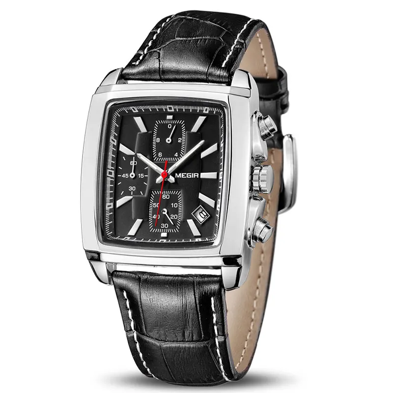 MEGIR оригинальные часы для мужчин лучший бренд класса люкс прямоугольник кварцевые военные часы водонепроницаемые светящиеся кожаные Наручные часы для мужчин часы - Цвет: Black