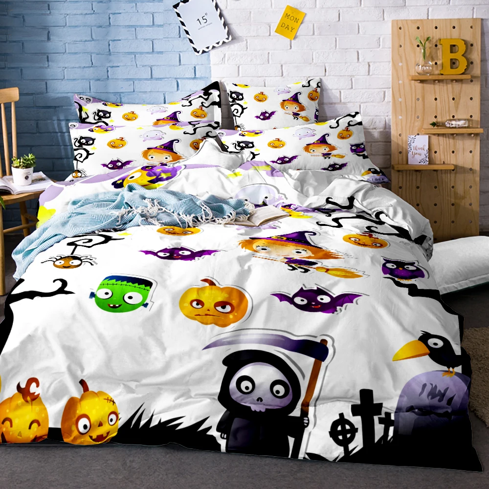 

Nightmare Before Christmas 3D Print Bedding Set Witch Pumpkin Lantern Cartoon Duvet Cover Set Halloween Carnival Bed Linen Set