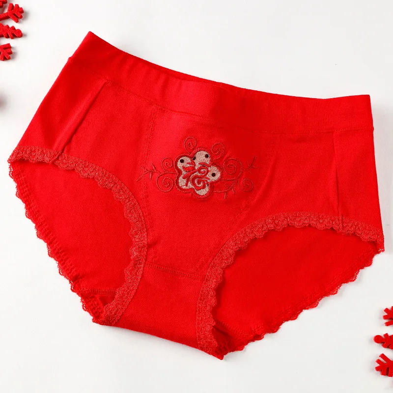 

ZHUDIMAN Medium Waist Belly Holding Briefs Embroidery Medium Waist Knicker Pure Cotton Year of Fate Bright Red Lucky Knicker