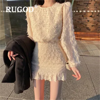 

RUGOD korean sweet feathers dresses women fashion chiffon slim mini dress o neck long sleeve empire dress elegant ladies robe