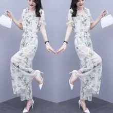 

Women's Fashion Party Suit 2021 Summer New Chiffon Print Short Sleeve Crop Top Wide Leg Long Pants Two Piece Set Women Clothing
