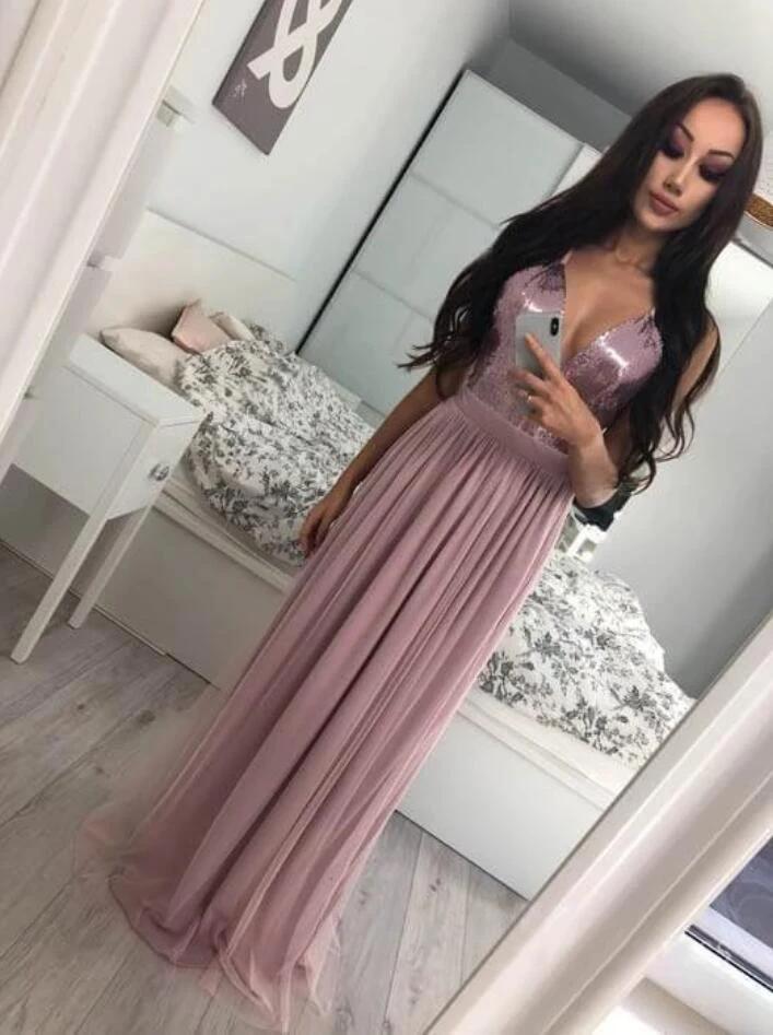 Spaghetti Straps Lace Sequins Tops Women Evening Dress A-line Floor Length Party Gown robe de soiree