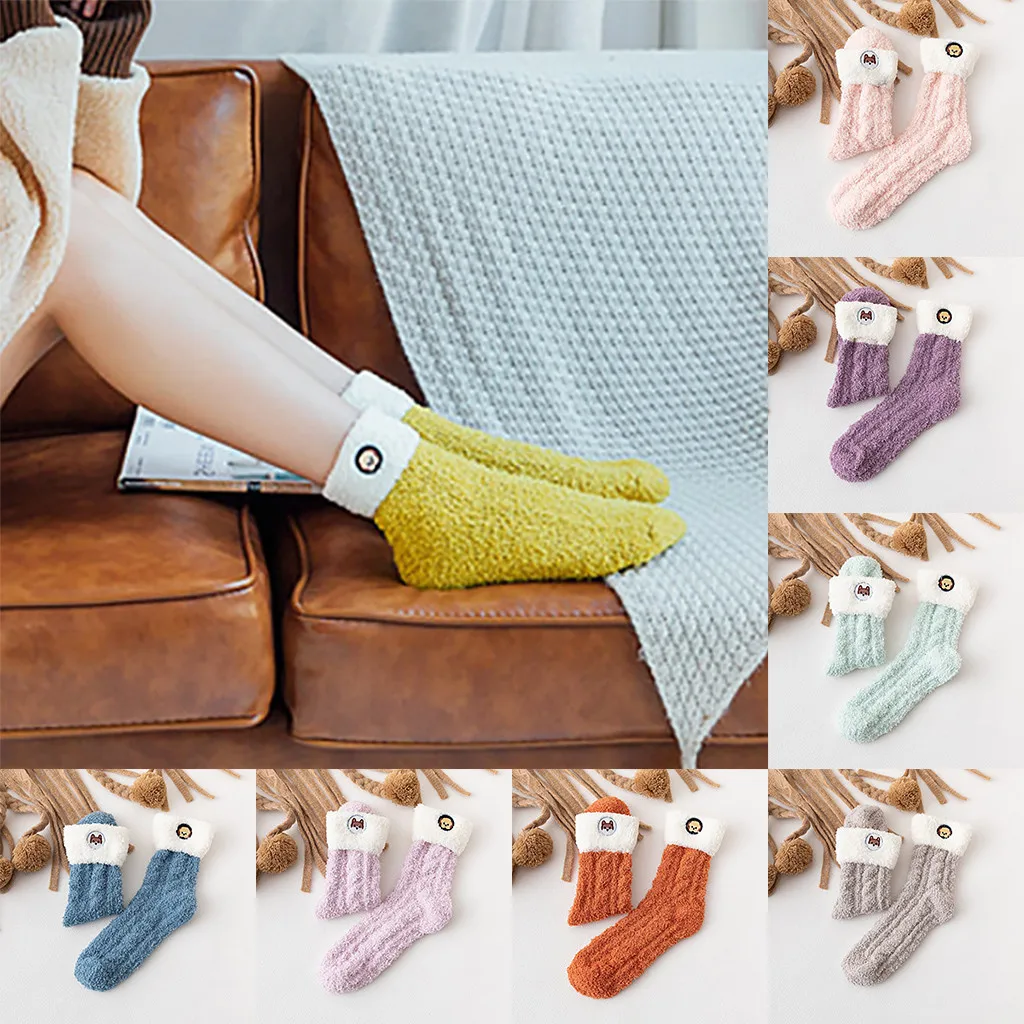 Модные женские мягкие носки-тапочки с отворотами и вышивкой медведя; теплые носки для сна; дышащие и впитывающие пот забавные носки