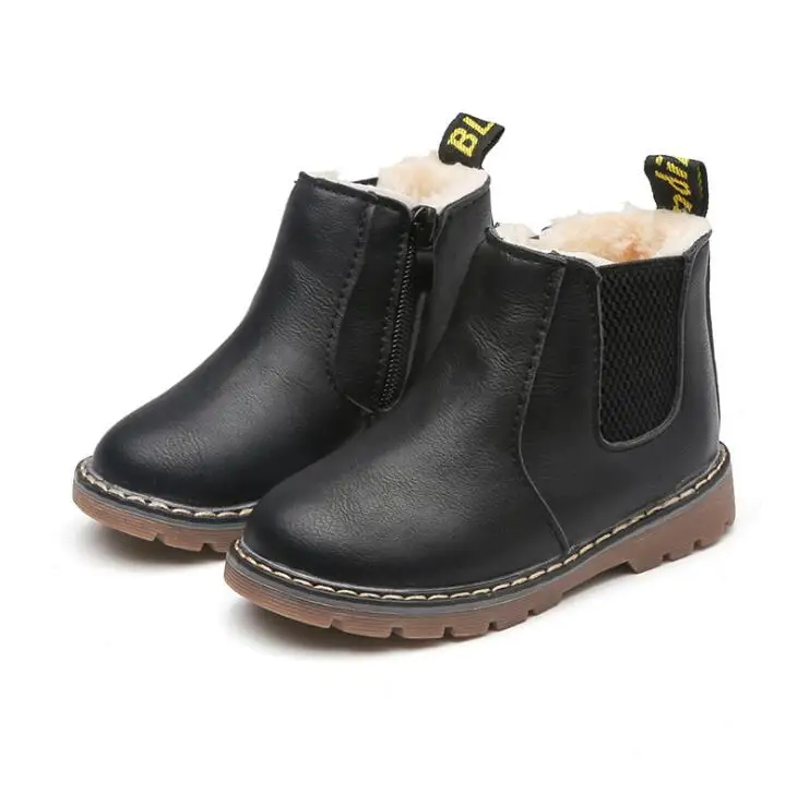 Winter Black Размеры 21-36, детские зимние ботинки Ботинки martin из мягкой искусственной кожи теплые детские зимние ботинки на меху ботинки унисекс для мальчиков и девочек - Цвет: Winter Black
