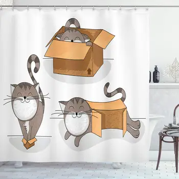 

Cat Shower Curtain, Cartoon Cat Trying Fit Different Sized Cardboard Boxes Domestic Companion, Cloth Fabric Bathroom Decor Set