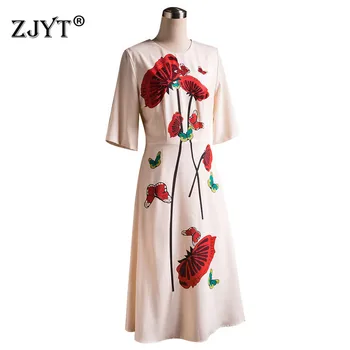 

2020 New Fashion Runway Summer Dresses for Women Elegant Short Sleeve Diamonds Floral Print Casual Knee Length Dress Vestidos