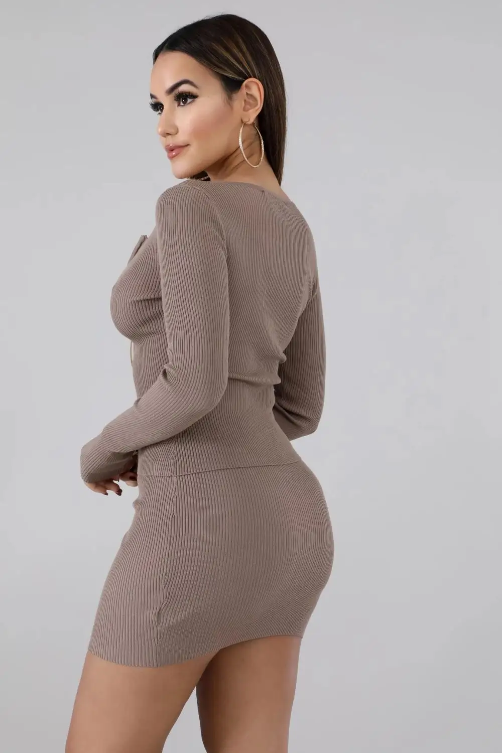 KGFIGU Kylie jenner ribbed tops and skirts sets Summer two pieces sets sexy zipper full sleeve brown matching sets outfits