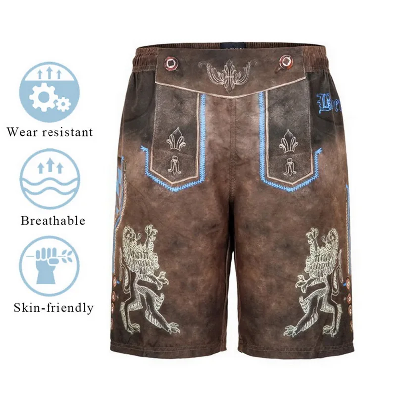 Adisputent Men Bavarian Traditional Printed Shorts Brown Elasticated Waist Shorts Summer New Male Oktoberfest Costume Bottoms