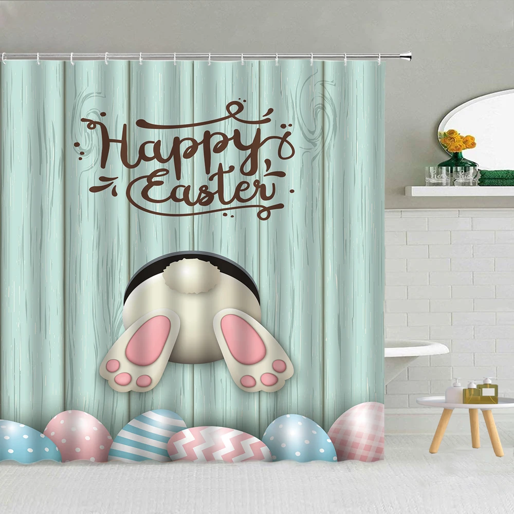 

Happy Easter Eggs Rabbit Shower Curtain Cartoon Animal Elephant Flowers Polyester Fabric Bathroom Set Hanging Curtains Washable