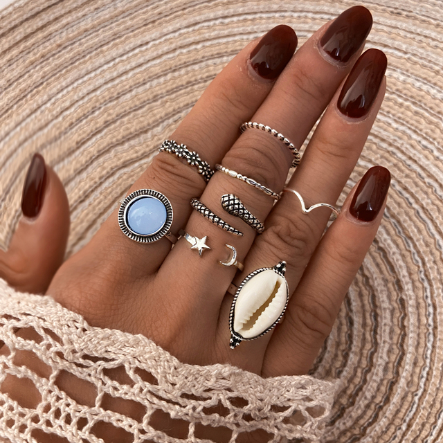 Butterfly Moon Joint Ring Sets for Women Men Boho Lotus Shell Heart Wing Geoemtric Rhinstone Jewelry Anillo