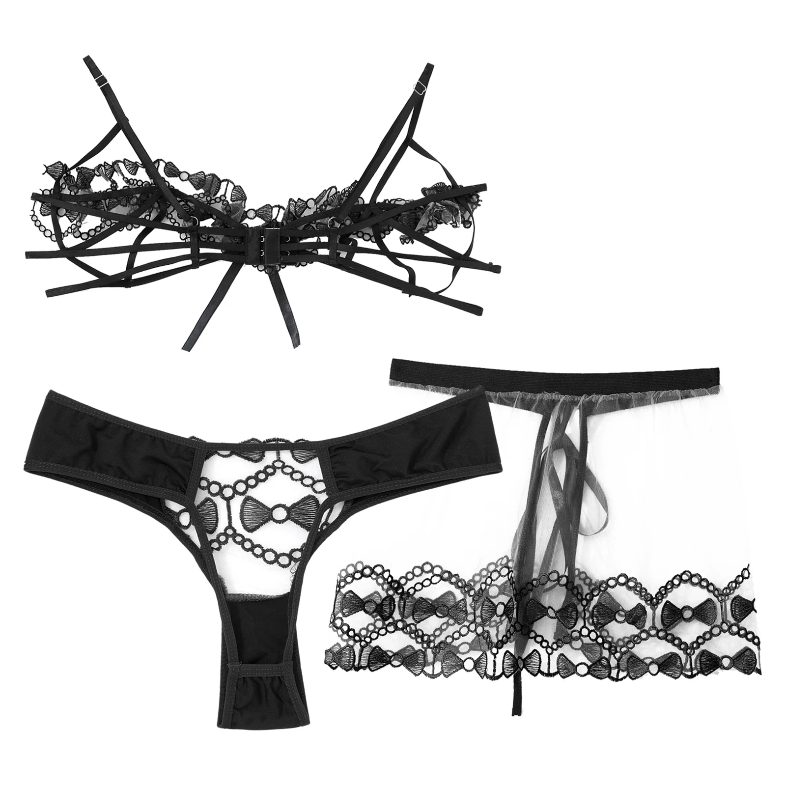 

Women Sexy Lingerie Set Embroidery Underwear Hollow Out Unlined Bra Lace-up Mini Skirt with G-string Sleepwear Nightwear