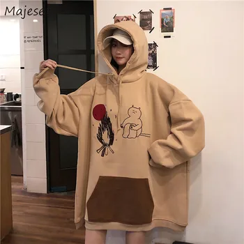 

Hoodies Women Thicker Winter Warm Cartoon Printed Oversize Hooded Korean Style Kawaii Harajuku BF Womens Pullover Simple Loose