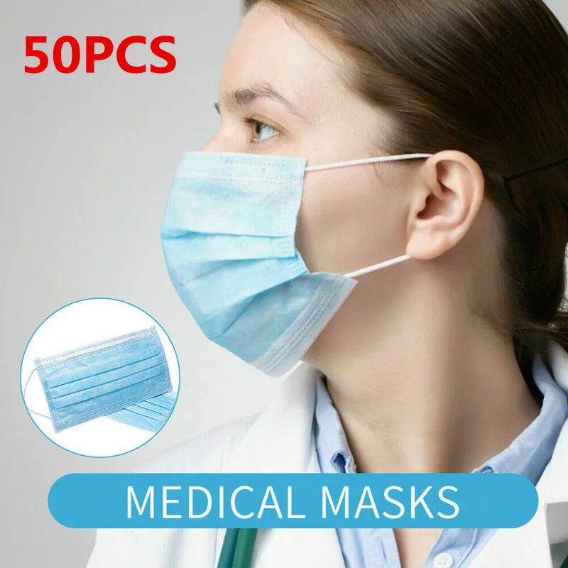 

50pcs Protective Face Mask 3-Ply Disposable Anti PM2.5 Bacterial Formaldehyde Bad Smell Elastic Mouth Soft Breathable Face Mask