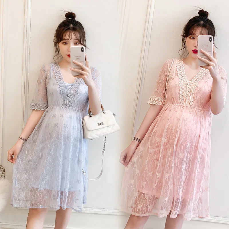 

Summer Wear Set Dress Pregnant Women Lace Dress 2019 Summer New Style Large Size Tops Summer Mid-length